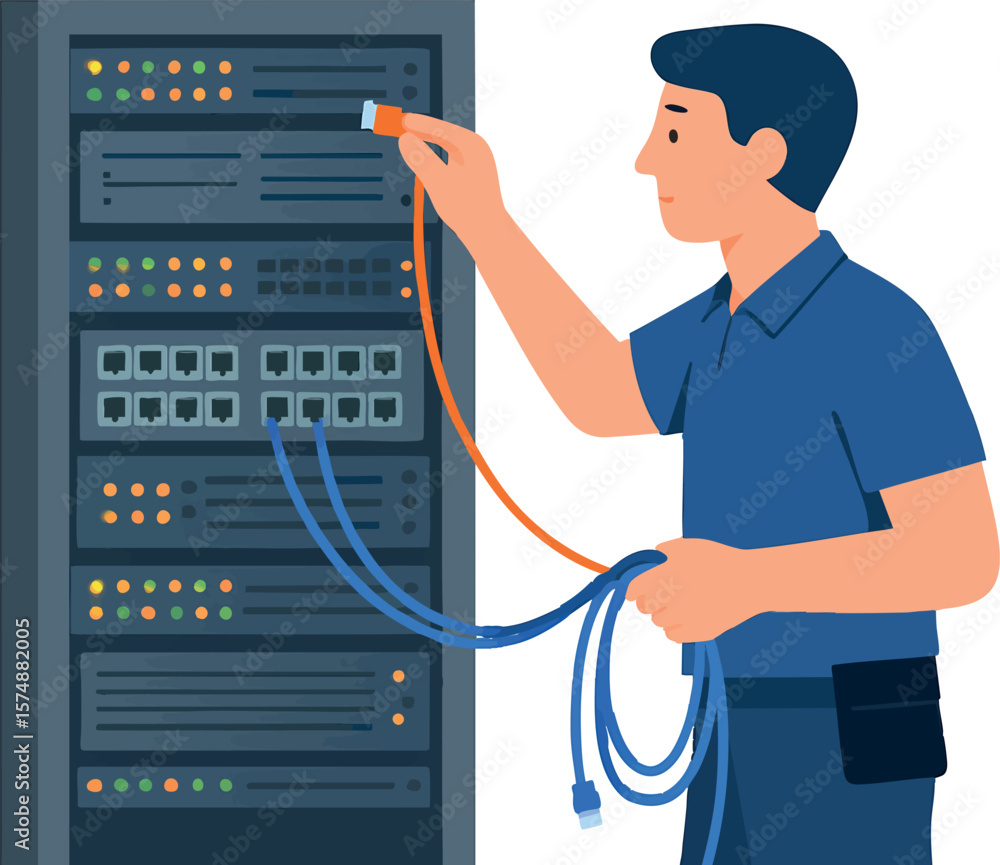 Poster flat vector it technician connecting network cables in server room, support worker, isolated on whit