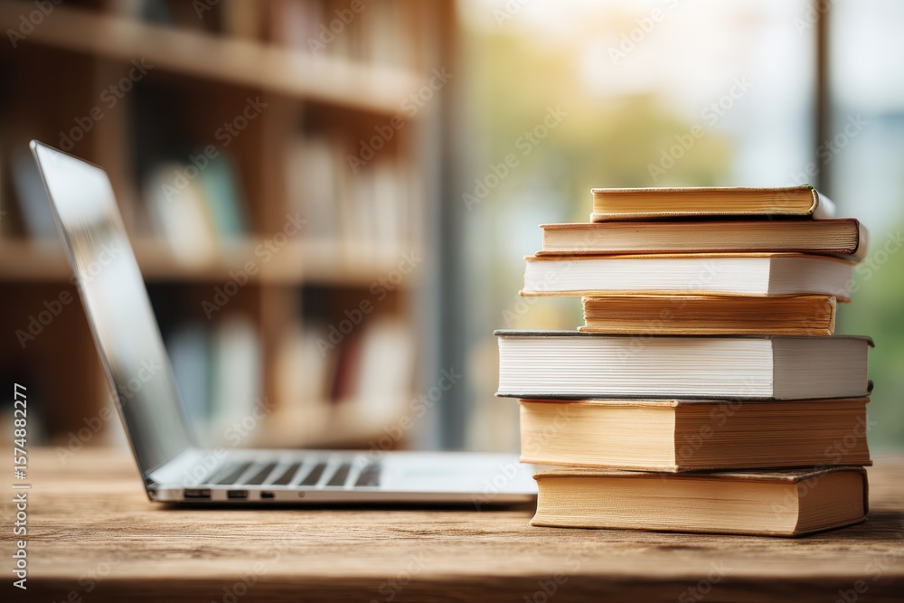Poster laptop computer alongside a stack of books on a wooden table in a library, symbolizing online educat