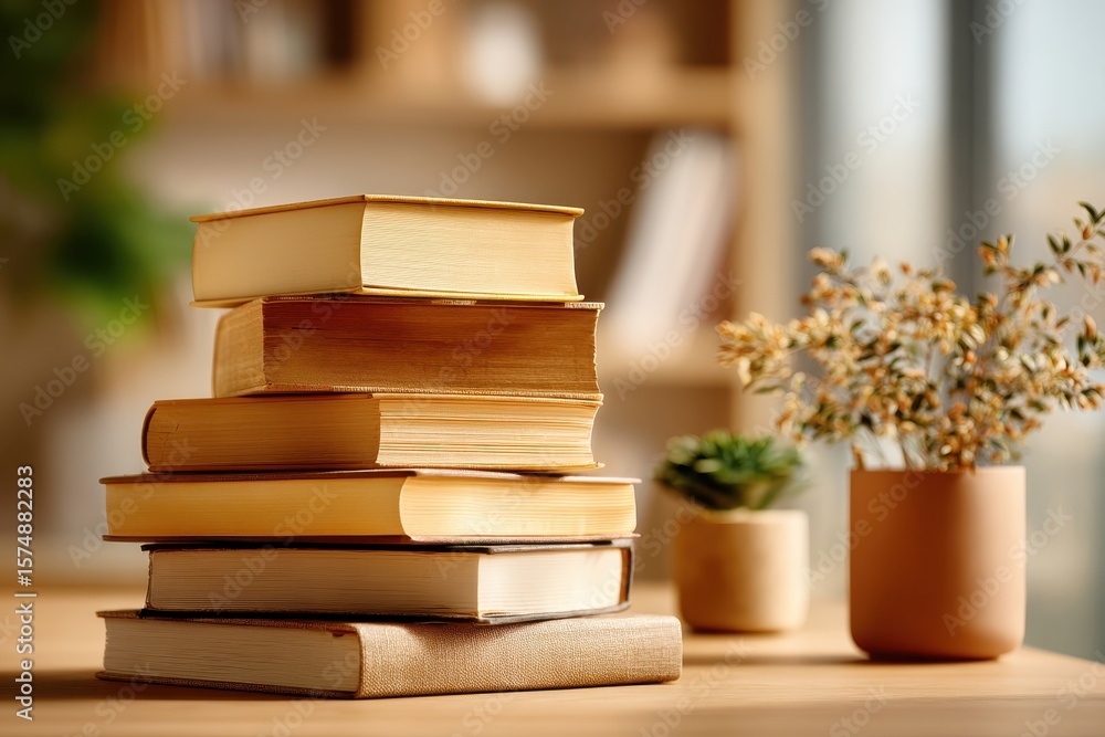 Poster a stack of vintage books resting on a wooden table with decorative plants, creating a warm and invit