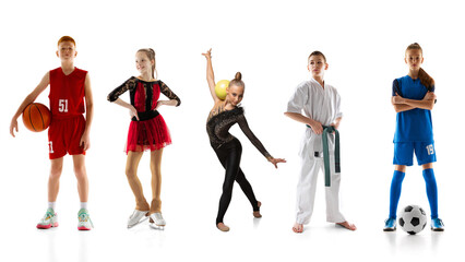 Five children sports uniforms outfits for basketball, figure skating, gymnastics, karate and...
