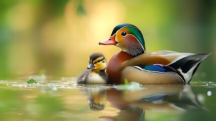 Stunning photo of a beautiful mandarin duck and its adorable duckling swimming together on water