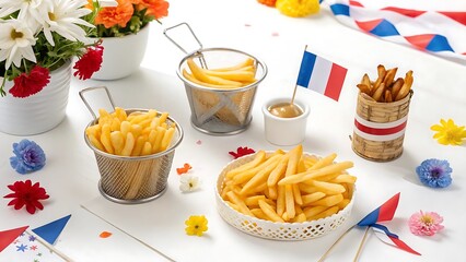 French fries and flowers with french flags isolated on white background
