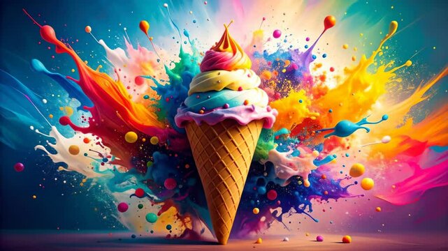 Rainbow ice cream cone bursts with vibrant color in an explosion of sweetness
