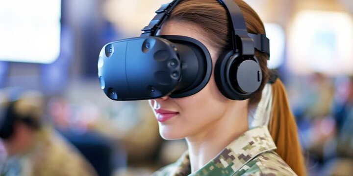 A soldier in uniform with vr headset and headphones for military simulation and Vr-guided missile defense systems