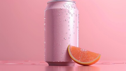 Refreshing pink soda can adorned with water droplets, paired beautifully with a vibrant slice of orange fruit on pastel pink background.