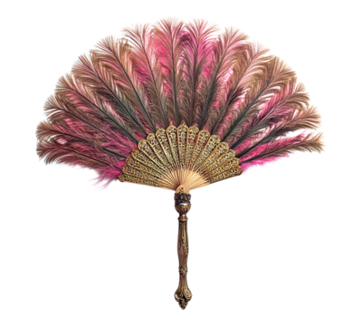 A large fan with pink and brown feathers