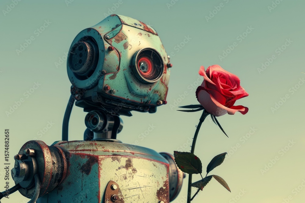 Aufkleber retro style robot holding a beautiful red rose, exploring the potential for artificial intelligence 