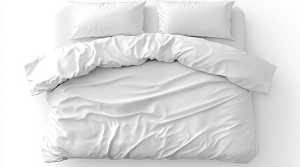 High-resolution top view of a white duvet cover with two pillows on a white background, showcasing minimalistic and clean design.