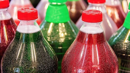 Close-up shot of green plastic bottles with red caps, arranged in a neat pattern. The bottles have condensation on them, giving a refreshing and cool appearance.