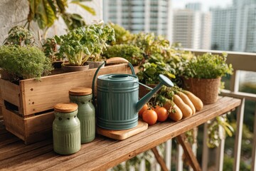A rustic wooden table on a balcony featuring potted herbs, vegetables, and a watering can, perfect for urban gardening and a touch of nature in the city setting.