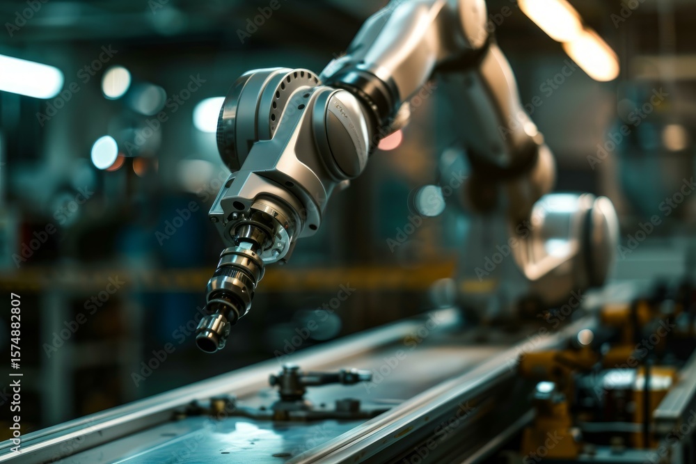 Poster robotic arm performing tasks over an assembly line in a modern factory setting