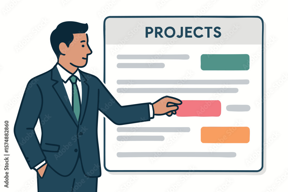 Poster flat vector manager assigning color-coded labels to projects in dashboard, clarity and control, isol