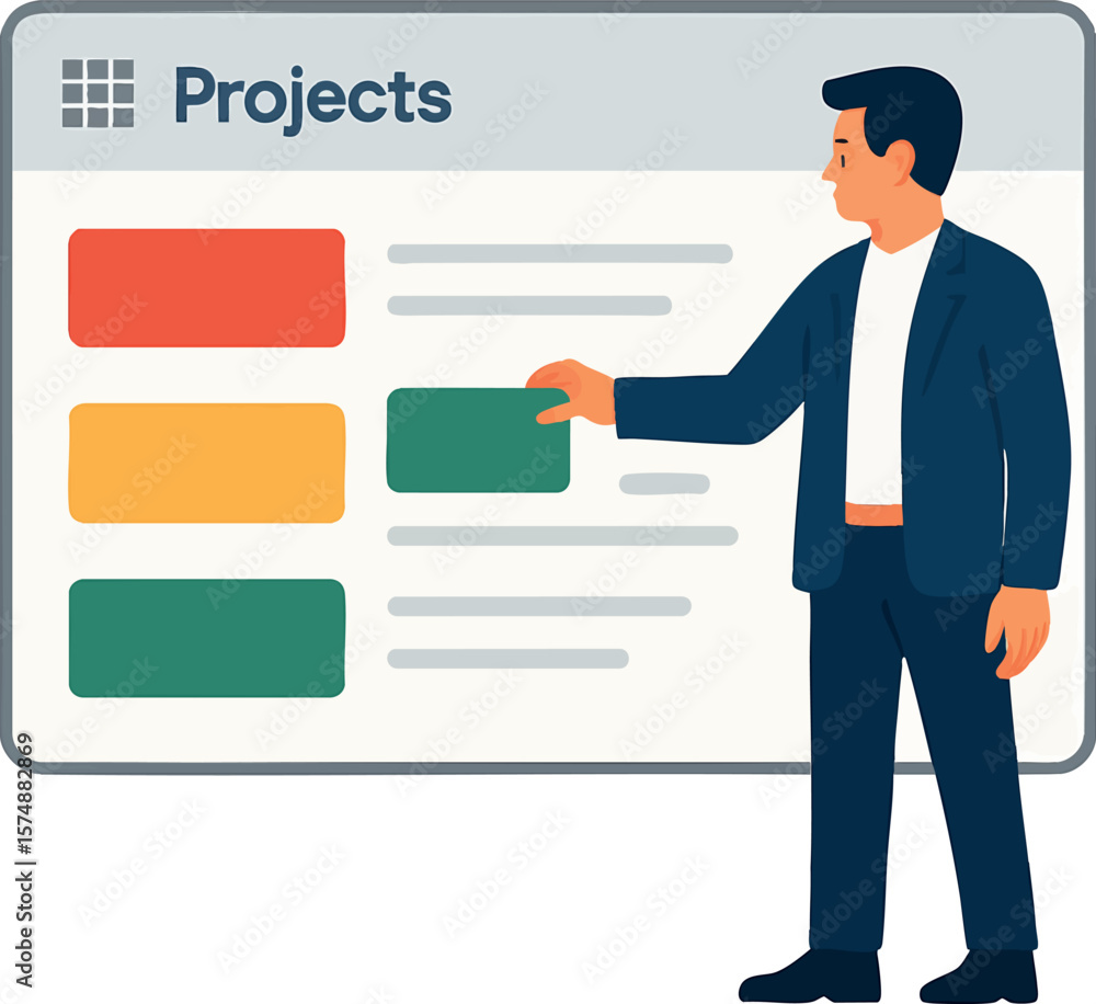Poster flat vector manager assigning color-coded labels to projects in dashboard, clarity and control, isol