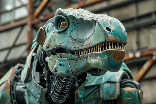 Close up of animatronic dinosaur robot head showing teeth, evoking futuristic and technological themes in industrial setting