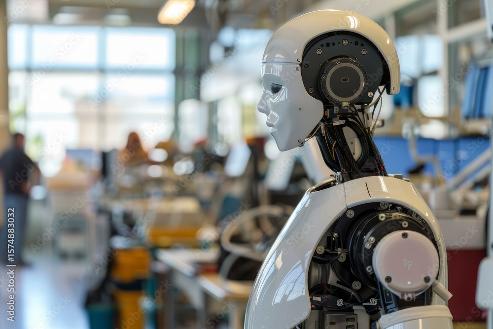 Poster advanced humanoid robot standing in a busy robotics laboratory, scientists working on projects in th