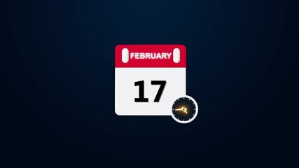 February month 17 date calendar icon ,A calendar and clock icon concept. scheduling and time management. Date counting calendar ,Chroma key 4k video ,Monthly calendar with spiral ring coil binding .