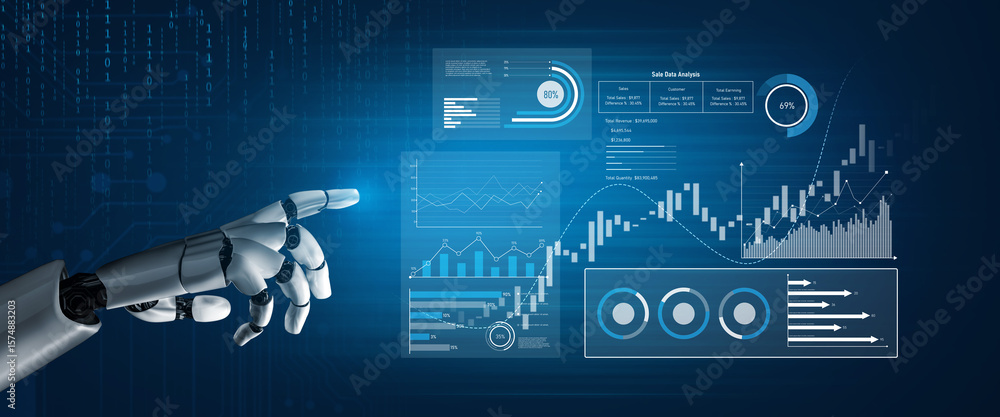 Poster ai analyzing sales data dashboard, visualizing performance metrics, detecting trends, and generating