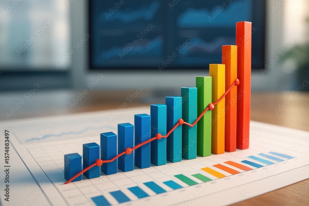 Poster colorful graph on data sheet: vibrant bar graph with an upward-trending line chart showcasing data o