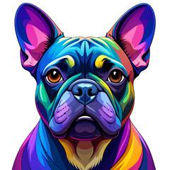Colorful Portrait of French Bulldog with Multicolored Fur and Big Expressive Eyes, Transparent PNG