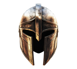 A helmet with a black face and gold trim