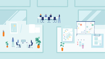 Overview of a modern office space with meeting rooms and individual workspaces showing collaboration