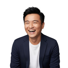 A man with a joyful and heartwarming laugh is wearing a navy blazer over a plain white t-shirt