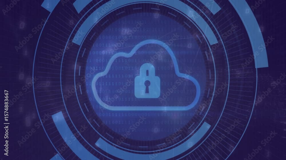 Poster Pulsing nodes merging into rotating rings revealing lock icon with binary code protecting data