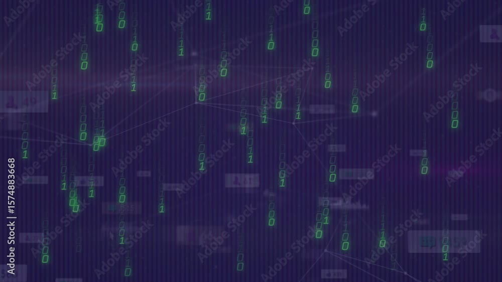 Poster on start, green binary digits cascading and nodes glowing across purple network, showing data flow