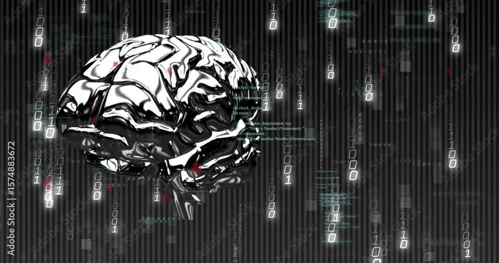 Poster descending binary streams are causing chrome brain sculpture rotating while visualizing data flow