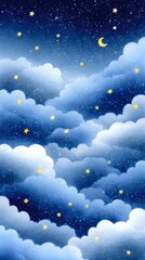 Crescent moon shining over fluffy blue clouds in starry night sky