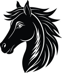 Black horse head vector with flowing mane – elegant profile illustration