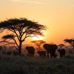 Fototapeta premium Elephants at Sunset in the African Savannah, Silhouetted Against the Golden Sky and Trees