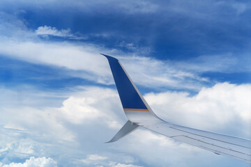 View from the airplane window.Airplane wing against a beautiful blue sky with clouds