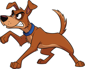 Angry cartoon brown dog in defensive stance, aggressive expression, animated character with blue collar, isolated vector, pet animal illustration artwork