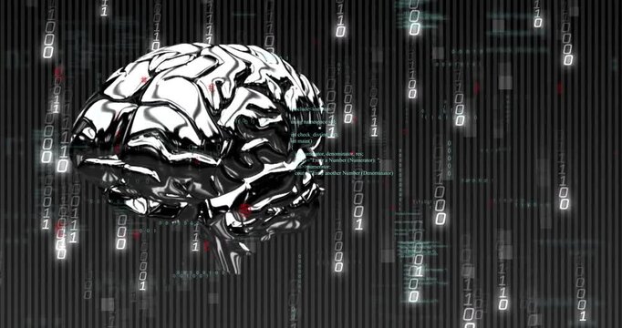 Descending binary streams are causing chrome brain sculpture rotating while visualizing data flow