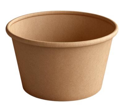 A brown paper bowl is sitting on a white background