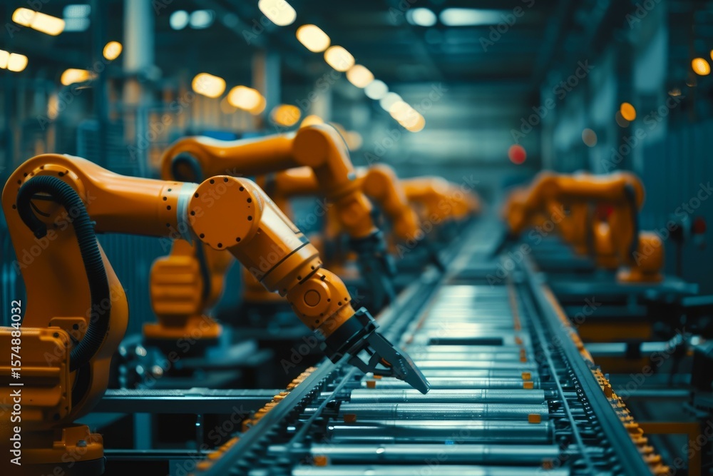 Poster modern factory using robotic arms on assembly line producing parts