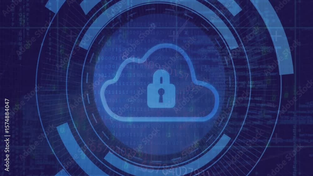 Poster when data field filling screen, rings rotating and revealing locked cloud icon signifying security
