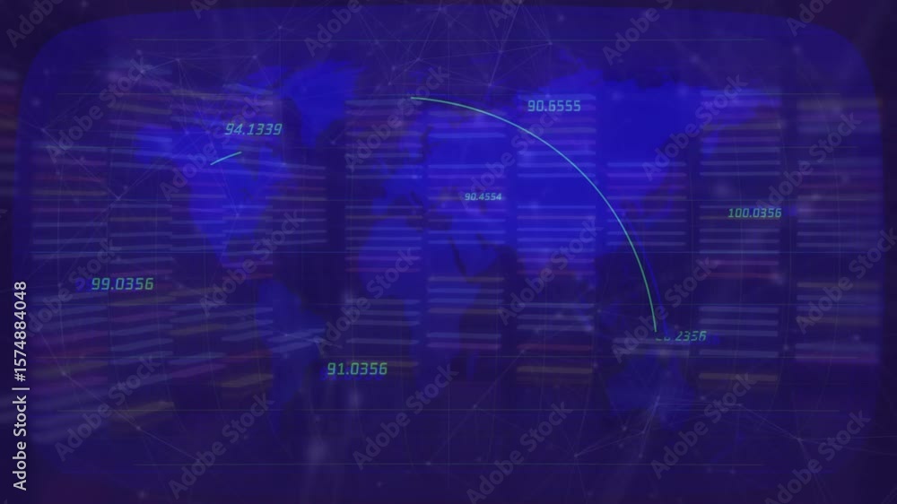 Poster numeric labels fading in initiating curved arcs drawing data flow across world map visualization
