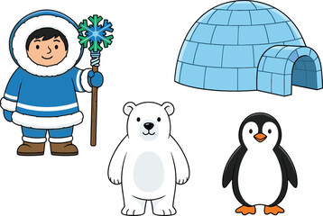 Cartoon Arctic scene with Eskimo child, igloo, polar bear, penguin, winter costume and snowflake staff, isolated vector illustration