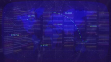 Numeric labels fading in initiating curved arcs drawing data flow across world map visualization - Powered by Adobe