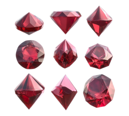 A set of nine red diamonds are shown in various shapes and sizes