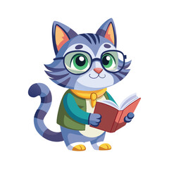 Adorable Nerdy Cat Wearing Thick Glasses Reading a Book – Cute Smart Cat Character Vector Illustration Isolated on White Background for Educational or Fun Designs