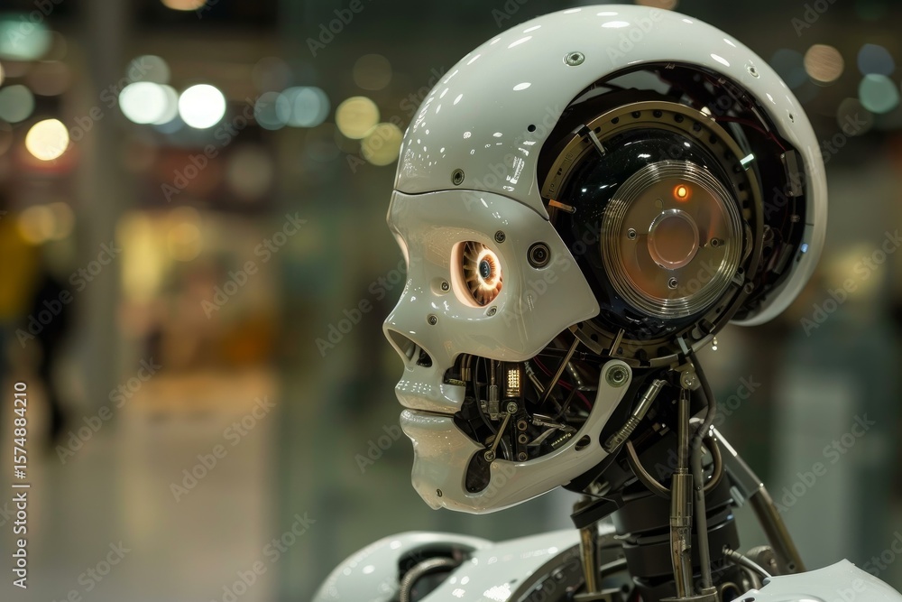 Poster close up of a futuristic humanoid robot demonstrating advanced ai capabilities