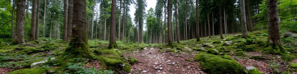 Obraz premium Hiking trail through lush green forest covered with moss