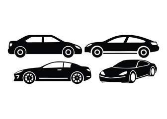 Collection of Car Silhouettes Sedan, Coupe, and Sports Car Side and Front Views Illustrations