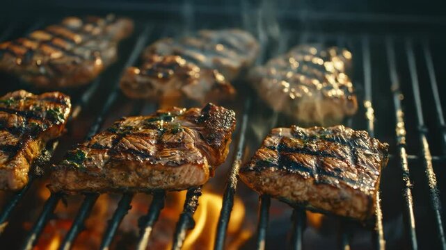 Marinated steaks cooking on hot grill grates over bright orange flames with smoke rising.