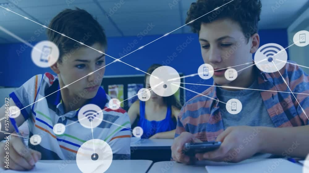 Poster student grabbing smartphone initiating network icons floating across classroom showing connectivity