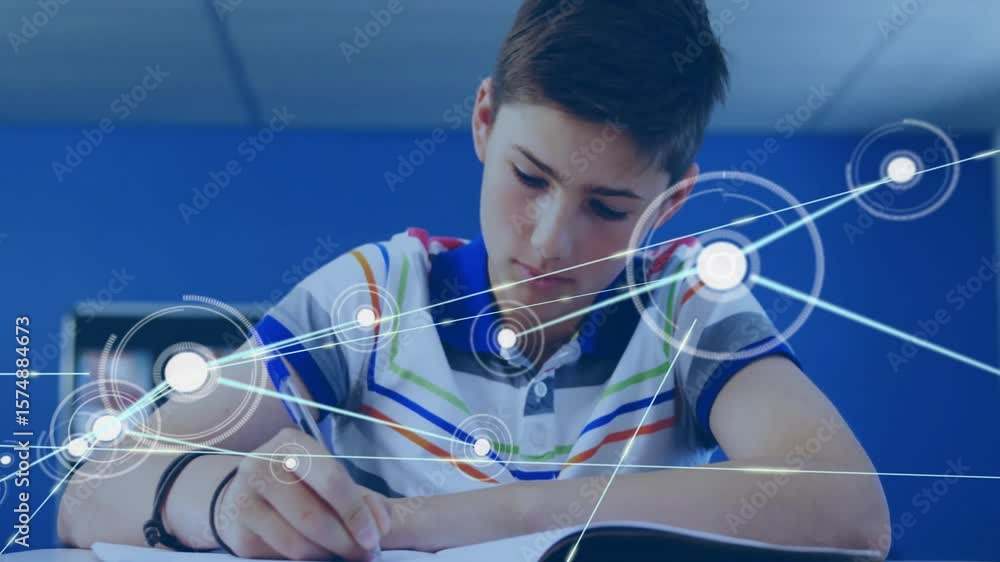Aufkleber school-age boy at desk writing activating network nodes covering notebook for concept mapping