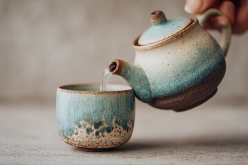 A serene moment captured as water gently pours from a quaint teapot into a cup, showcasing the simple beauty and tranquility of a tea ritual.